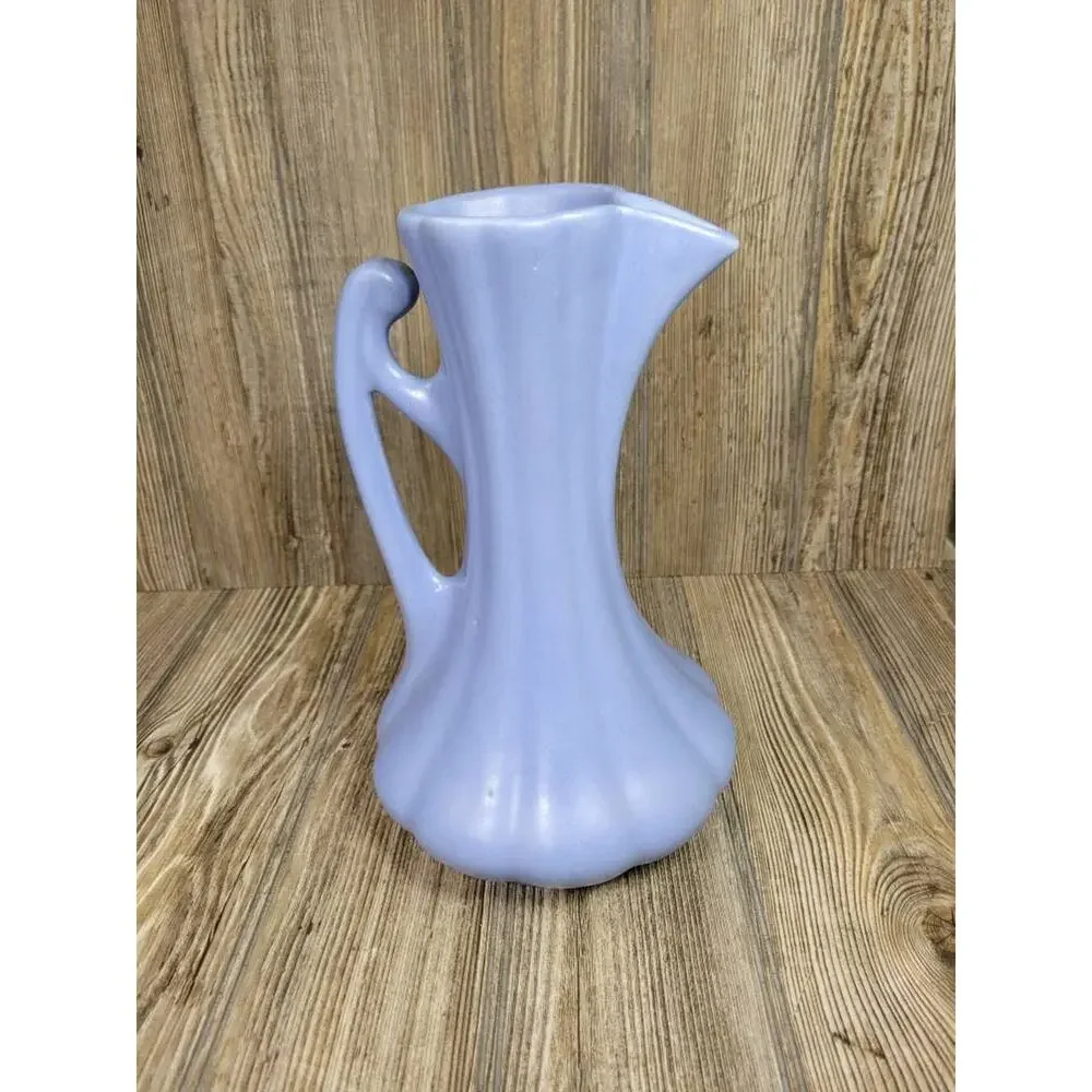 Vintage Camark Pottery Pitcher Periwinkle Blue Ribbed Art Deco Ceramic Ewer Vase